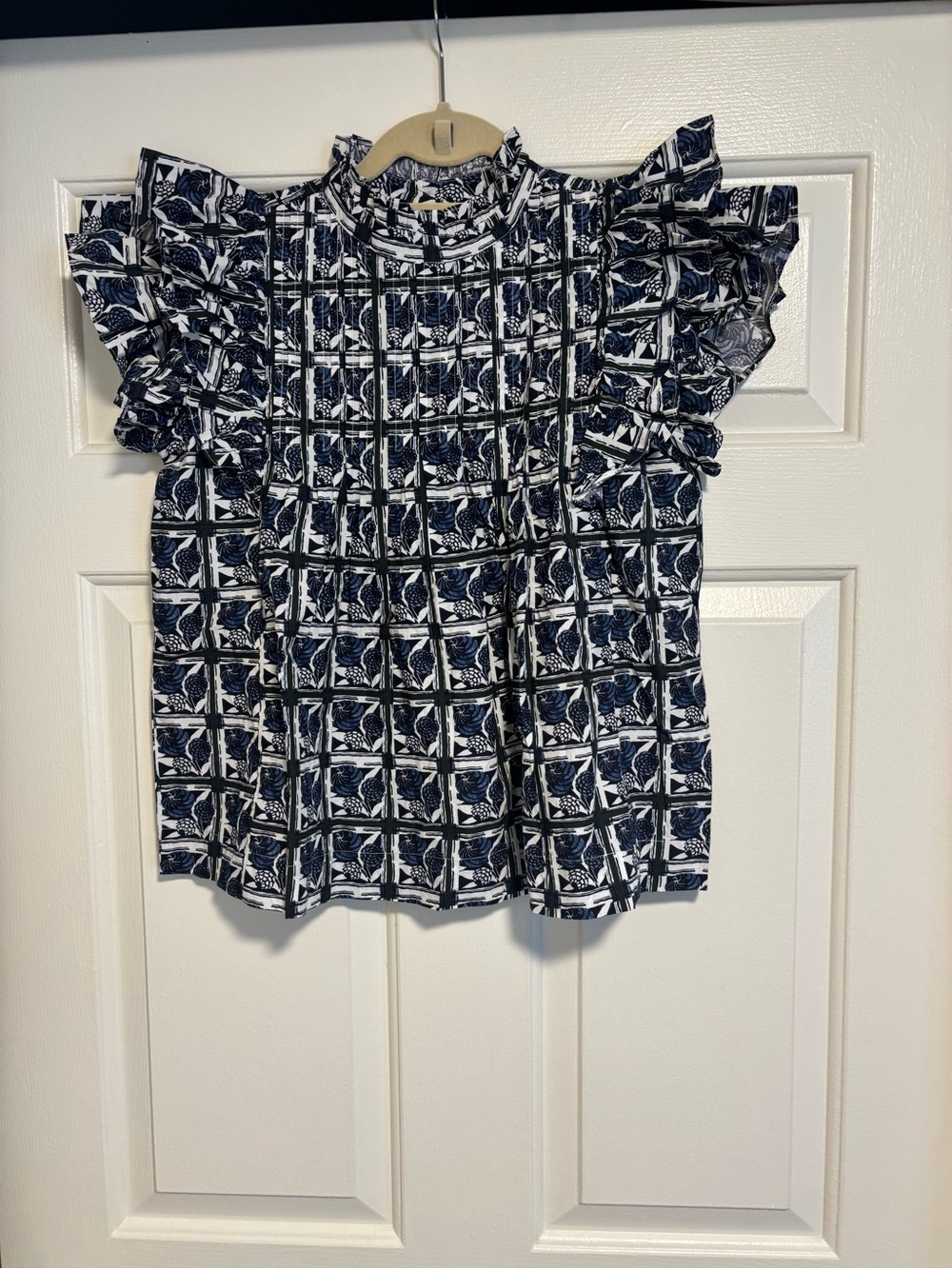 NEW Oliphant Madeira Blue Pintuck Ruffle Top